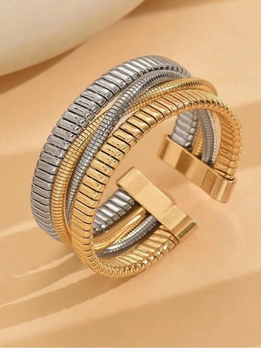 Metallic Two-Tone Ribbed Cuff Bracelet Set - Picture 3 of 4